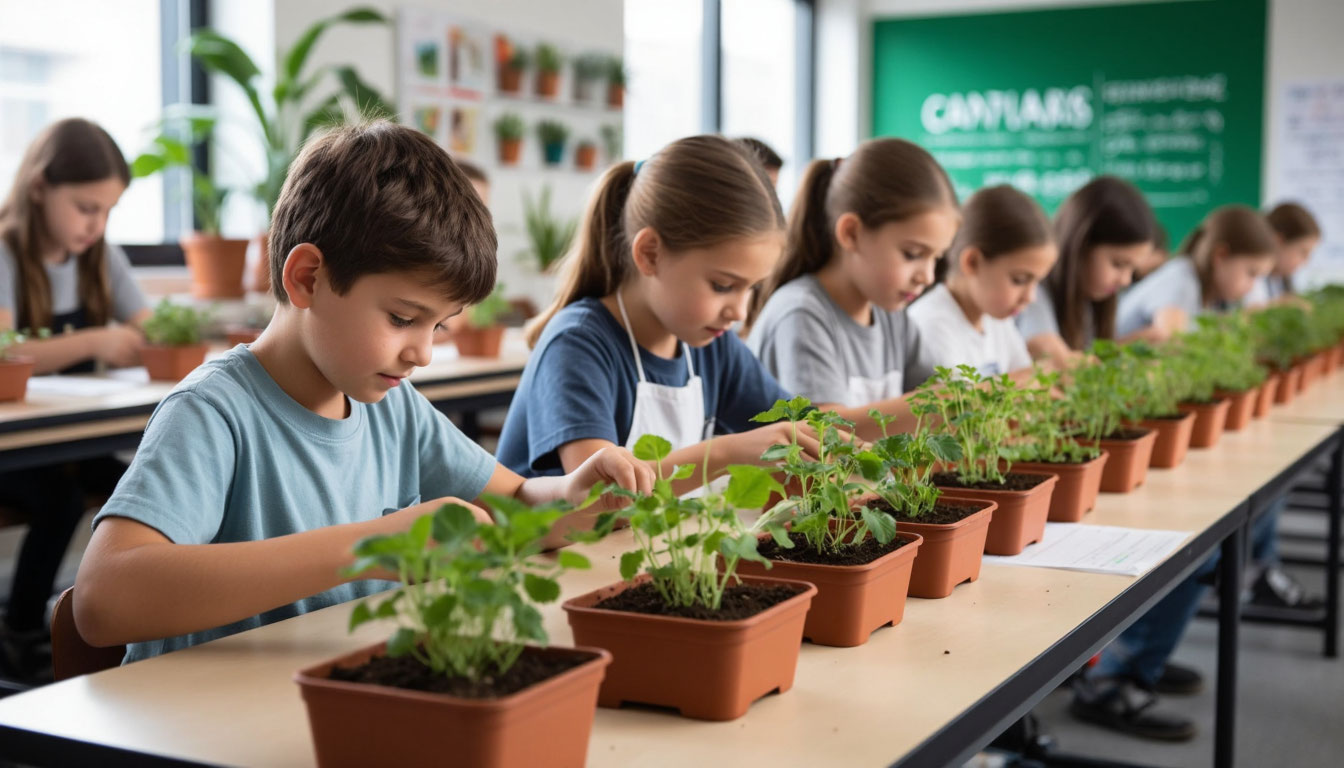 агрокласс в школе, детки сидят выращивают растения